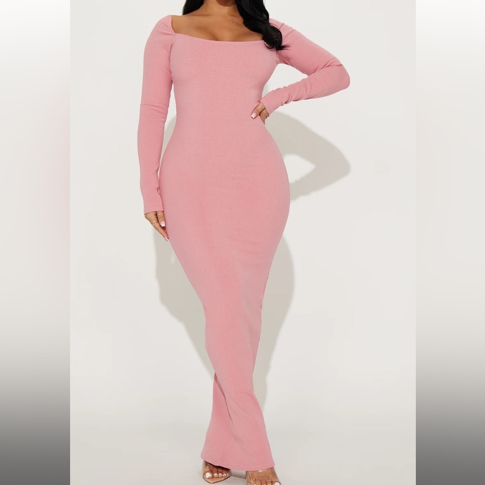 Pink Ribbed Long Sleeve Dress